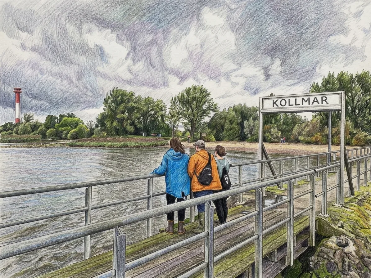Test-Gruppe De Schmadderfeut auf der Fähranlegerbrücke in Kollmar mit Blick auf die Elbe